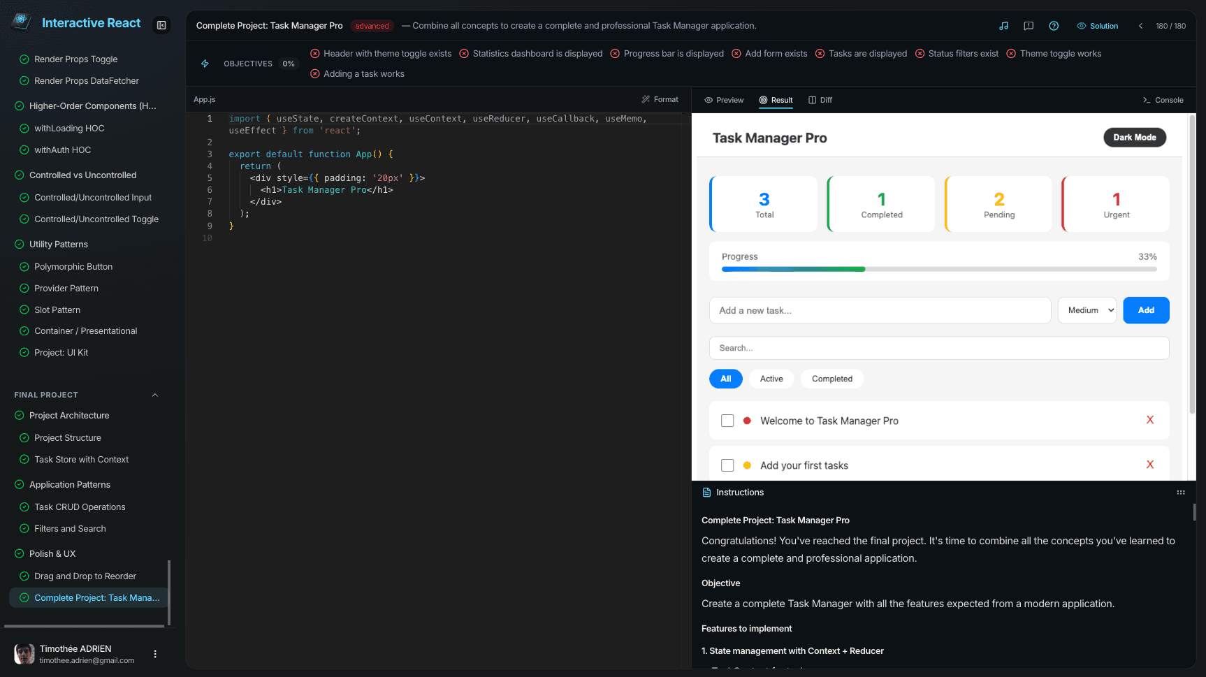 React course interface